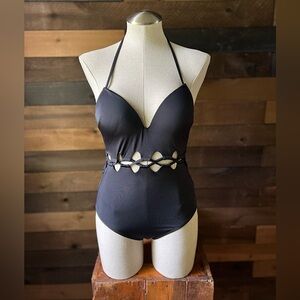 Shade & Shore Women’s Swimsuit One Piece Black Strappy Sexy Cut Out Halter Top
